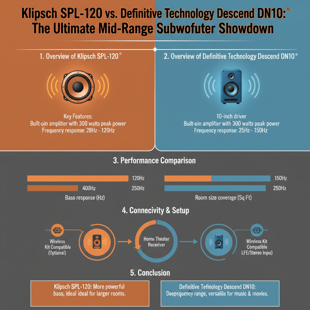 Infographic: Comparing Klipsch SPL-120 vs. Definitive Technology Descend DN10: Which Mid-Range Subwoofer is Best?