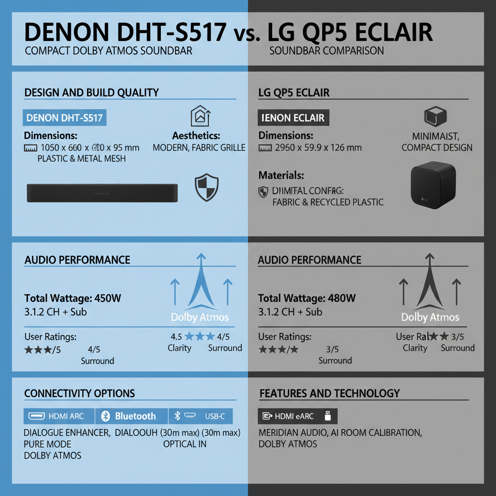 Infographic: **Denon DHT-S517 vs. LG QP5 Eclair: Compact Dolby Atmos Soundbar Comparison**