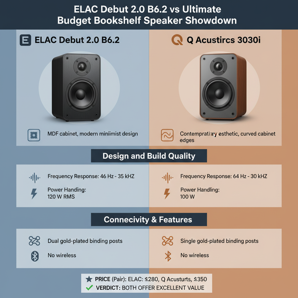 Infographic: ELAC Debut 2.0 B6.2 vs. Q Acoustics 3030i: Which is the Best Budget Bookshelf Speaker?