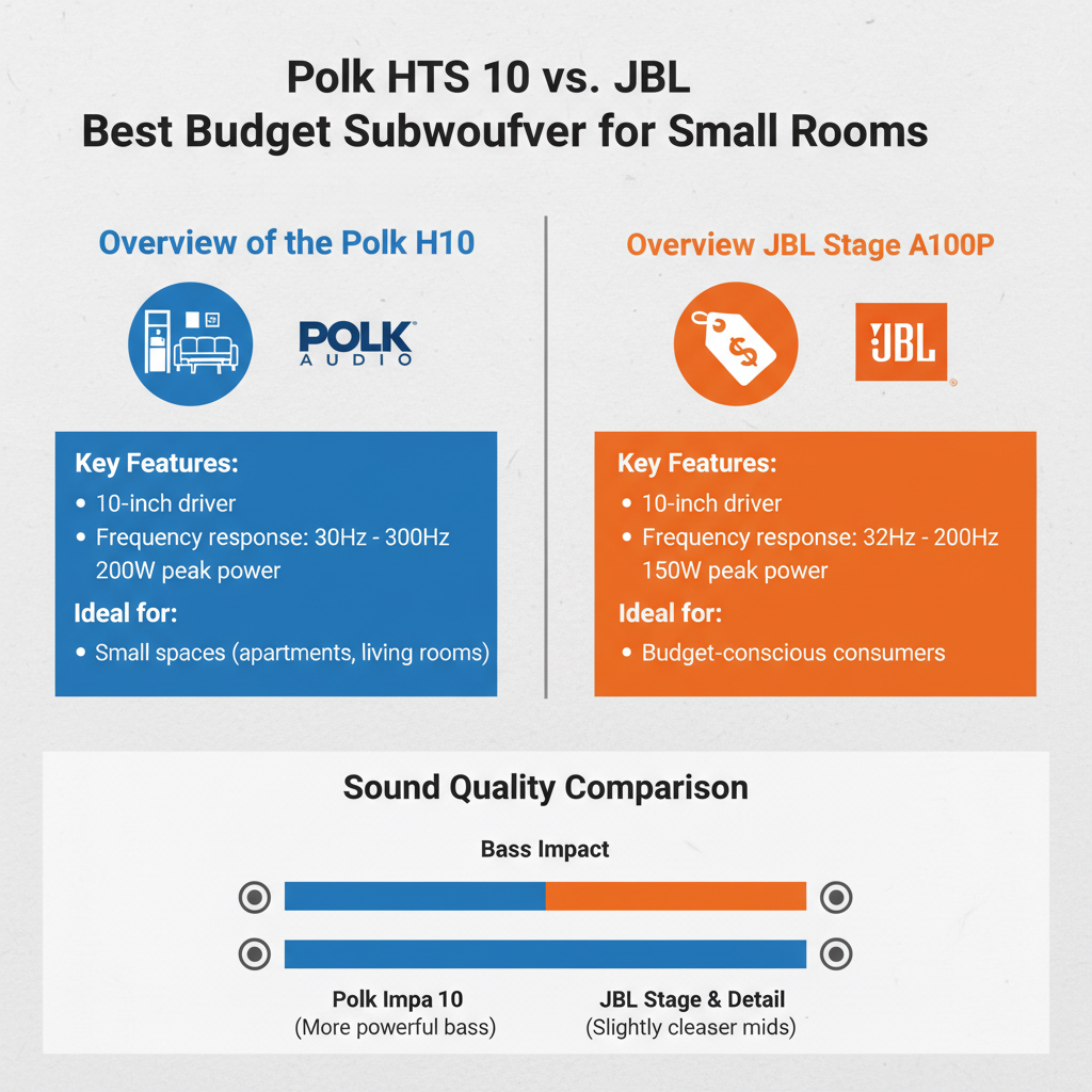 Infographic: Polk HTS 10 vs. JBL Stage A100P: Which Budget Subwoofer is Best for Small Rooms?