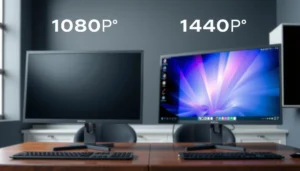 Comparison of 1080p and 1440p resolutions on a 32-inch display, highlighting sharpness differences.