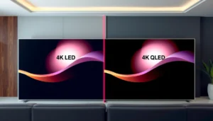 Side-by-side comparison of 4K OLED and 4K QLED TVs showcasing their features and visuals.