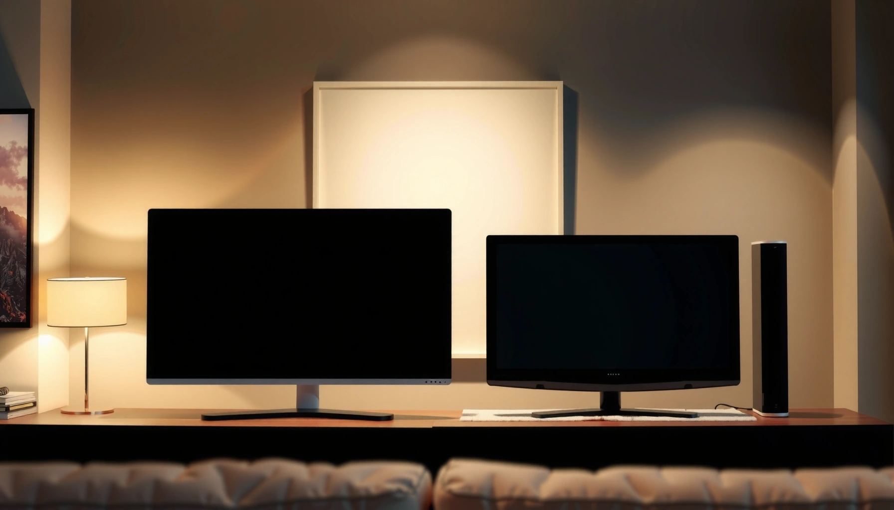 Side-by-side comparison of a 4K TV and a 1440p monitor highlighting their features.
