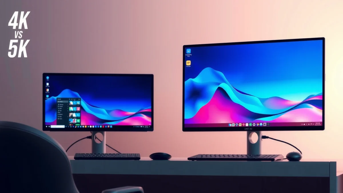 Side-by-side comparison of 4K and 5K monitors highlighting resolution differences.