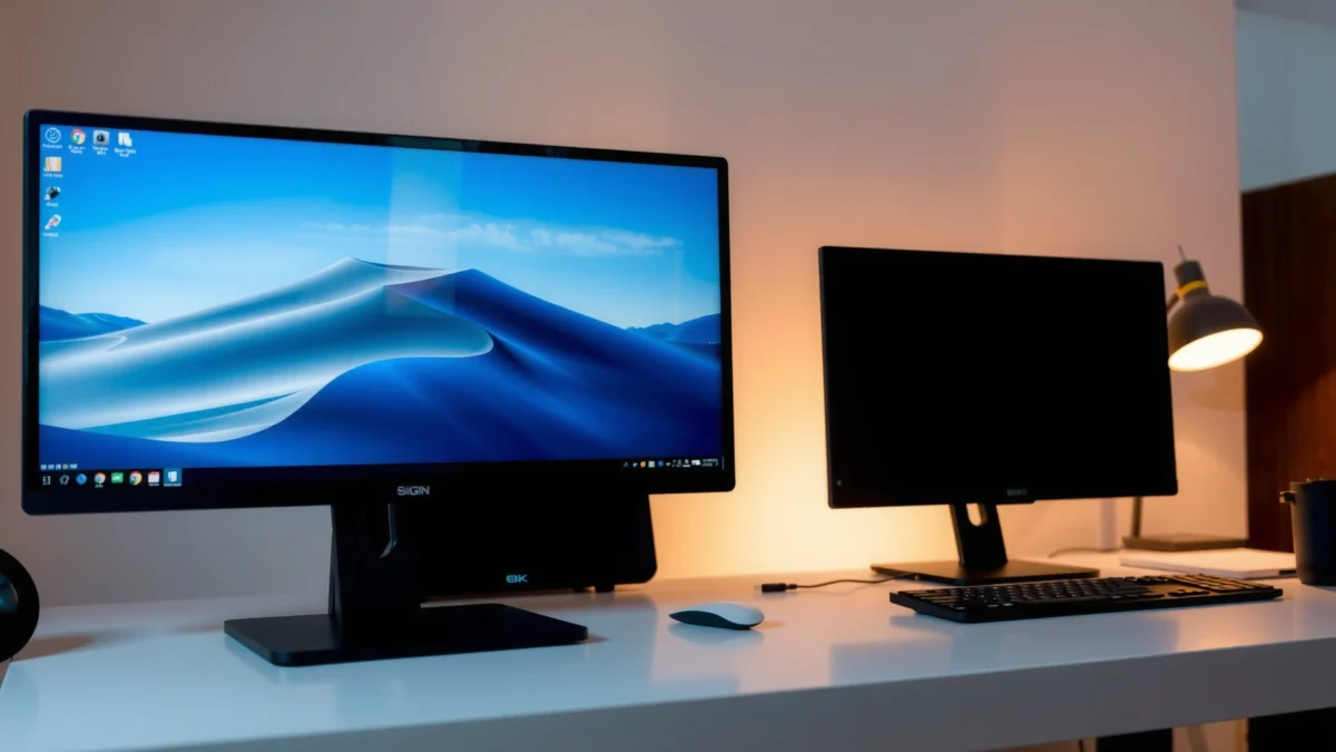 Comparison of 5K and 6K monitors highlighting differences in sharpness and workspace.