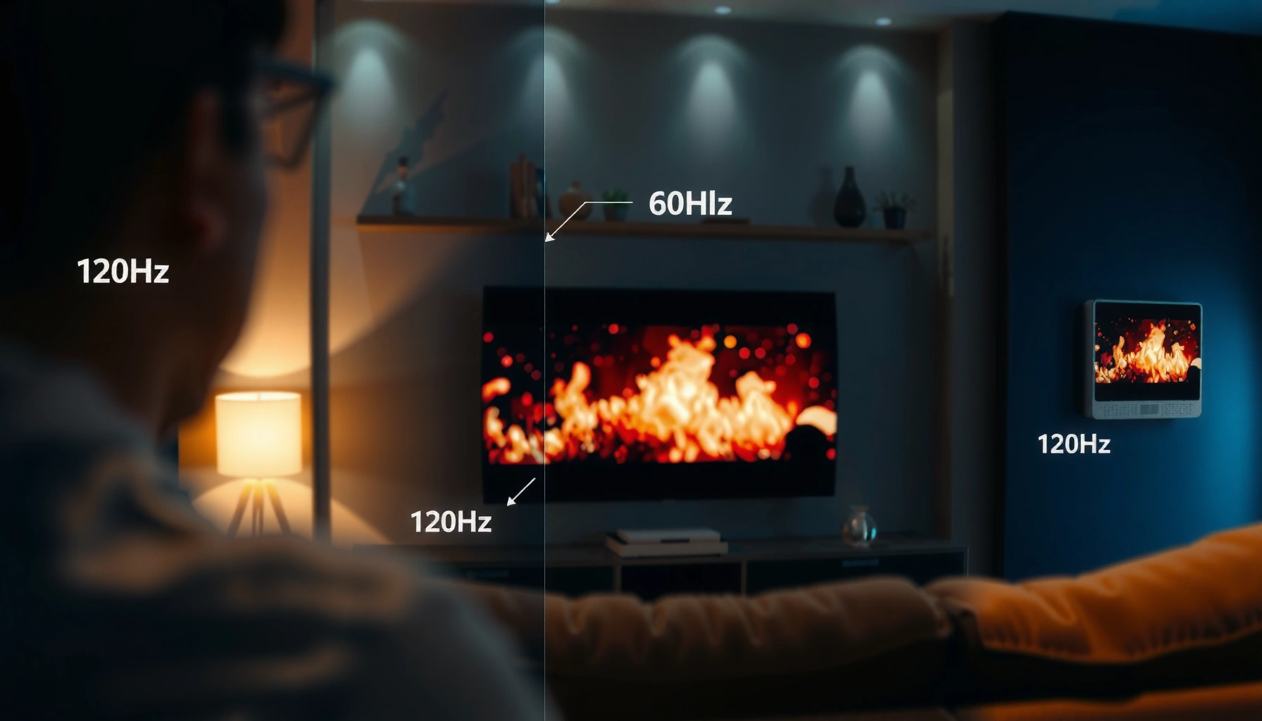 Comparison of 60Hz and 120Hz refresh rates for movies showcasing visual differences.
