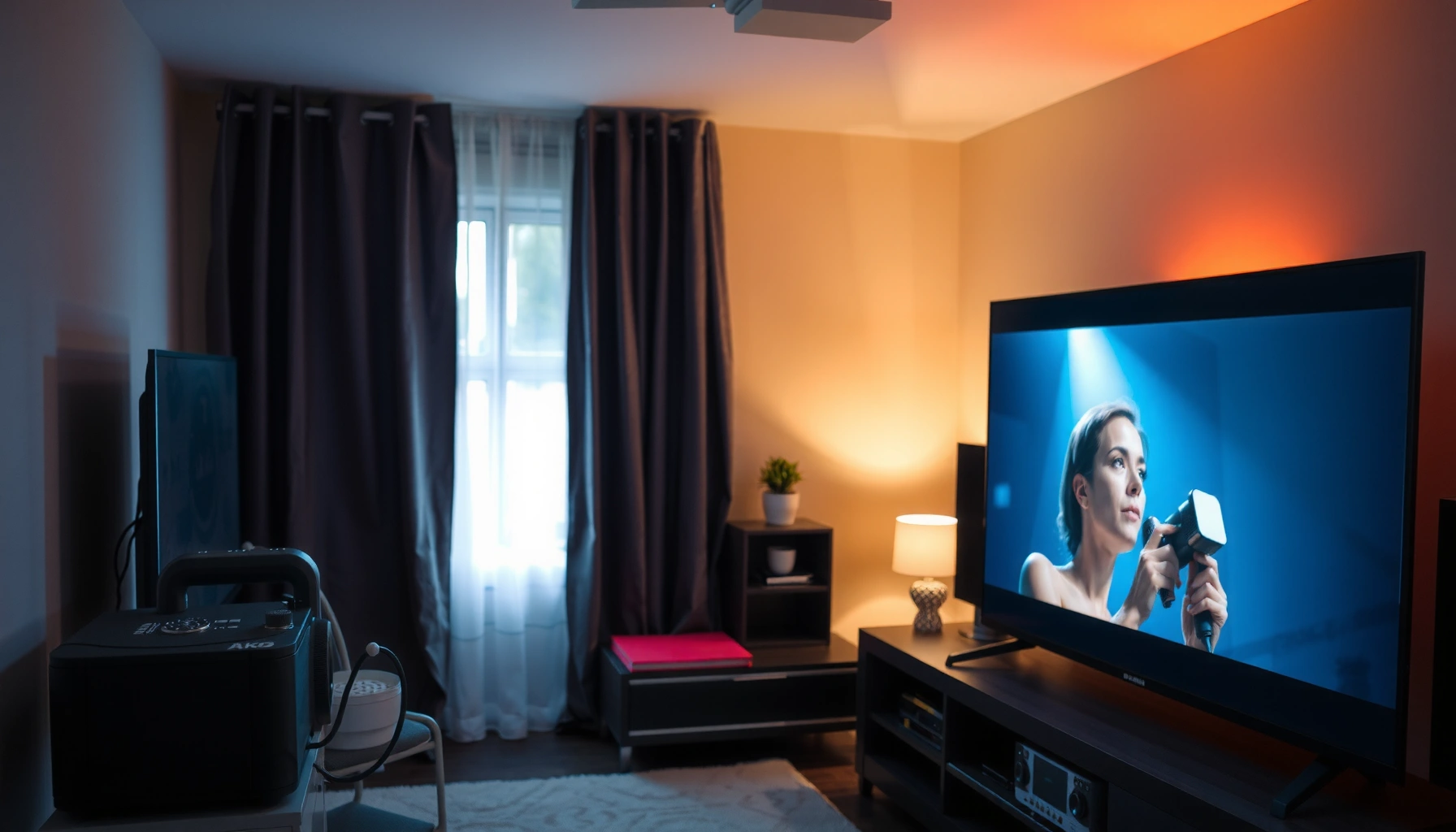 Side-by-side comparison of an 8K TV and a 4K projector for home theater setup.