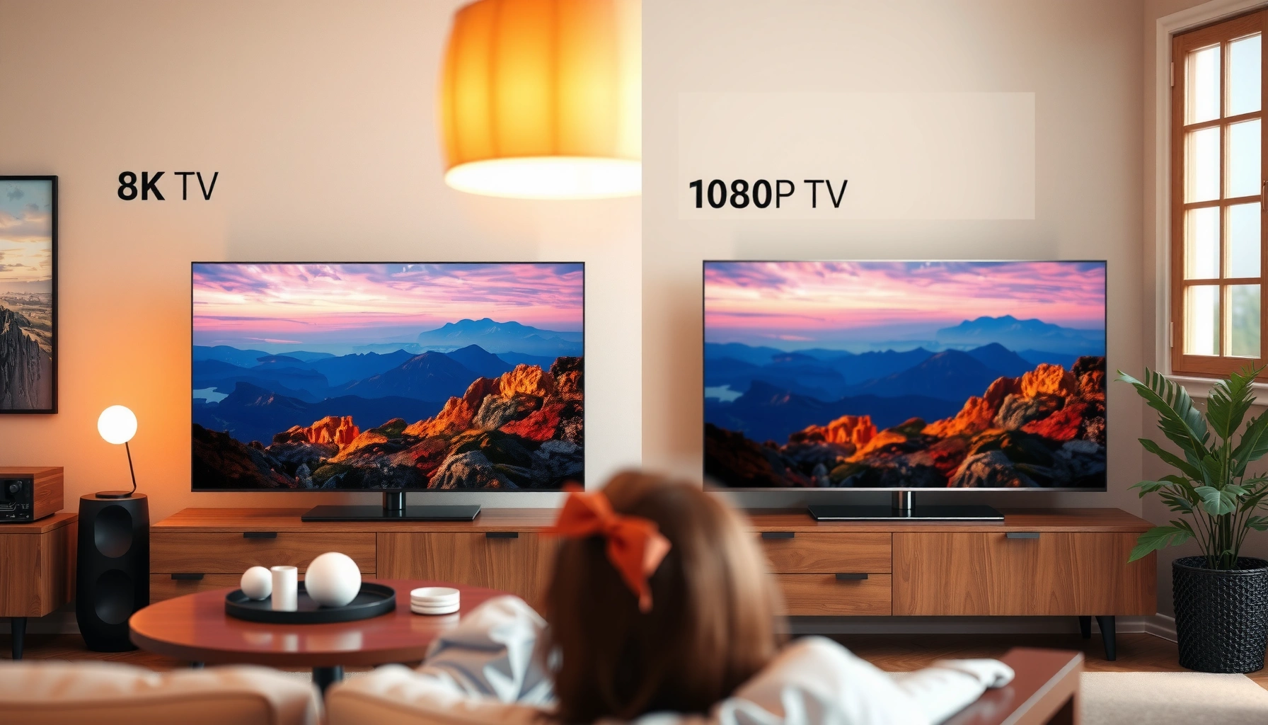 Comparison of 8K and 1080p TVs showcasing resolution differences and viewing experience.