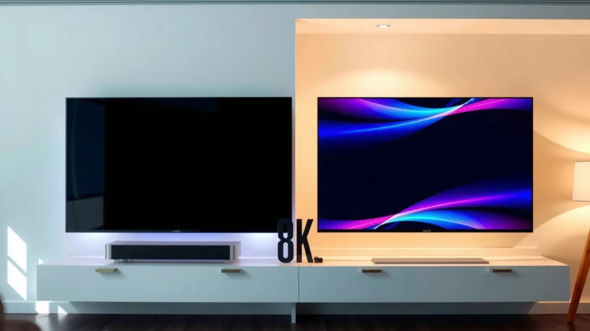 Side-by-side comparison of 8K and HD TVs showcasing resolution differences.