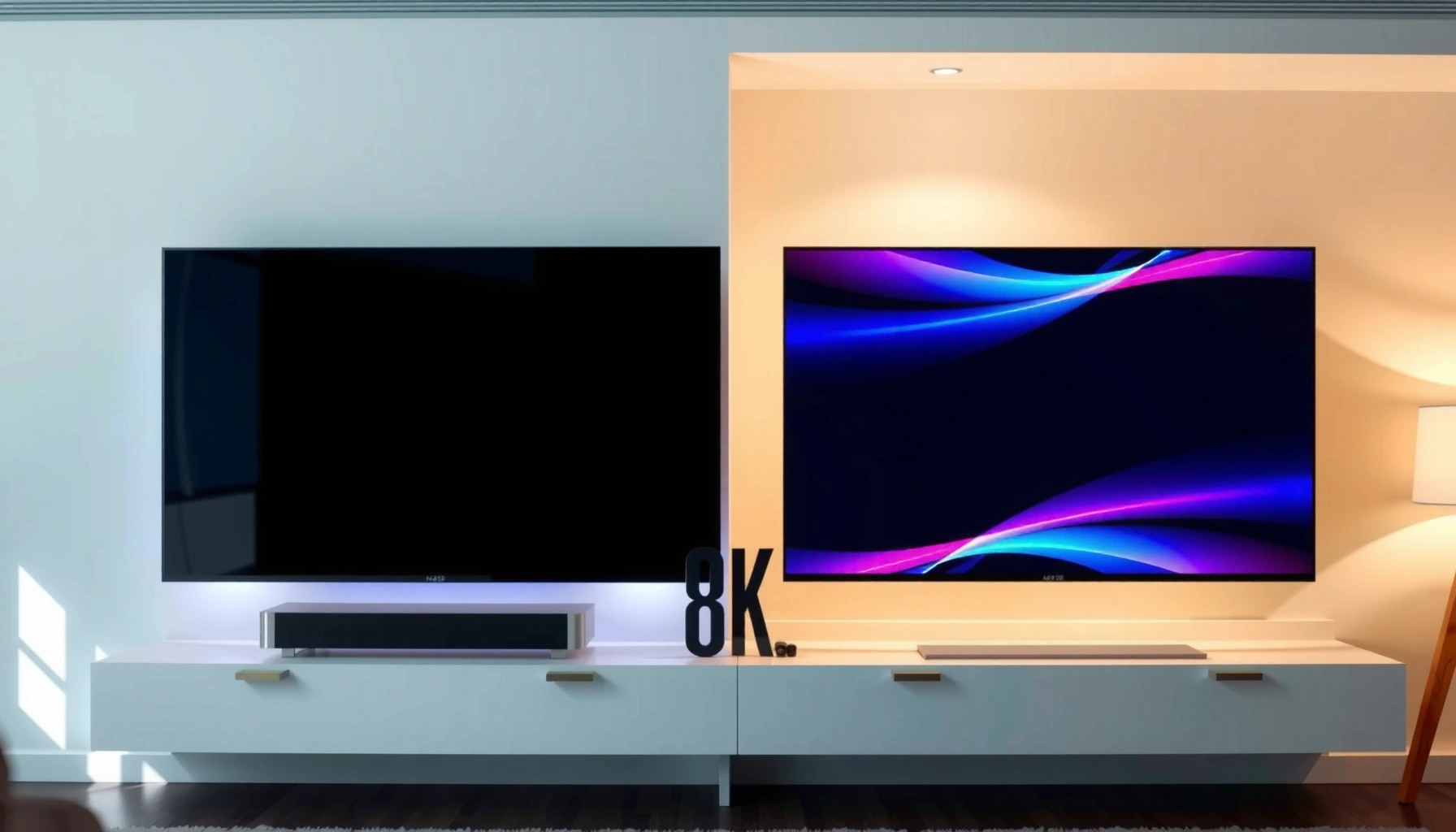 Side-by-side comparison of 8K and HD TVs showcasing resolution differences.