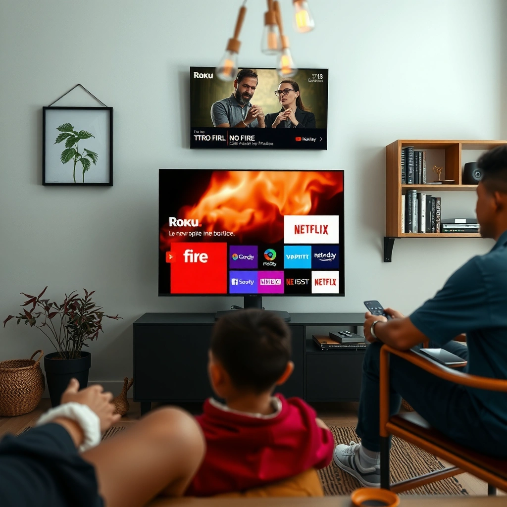 Comparison of app libraries for Roku and Fire TV, highlighting streaming and popular services available.