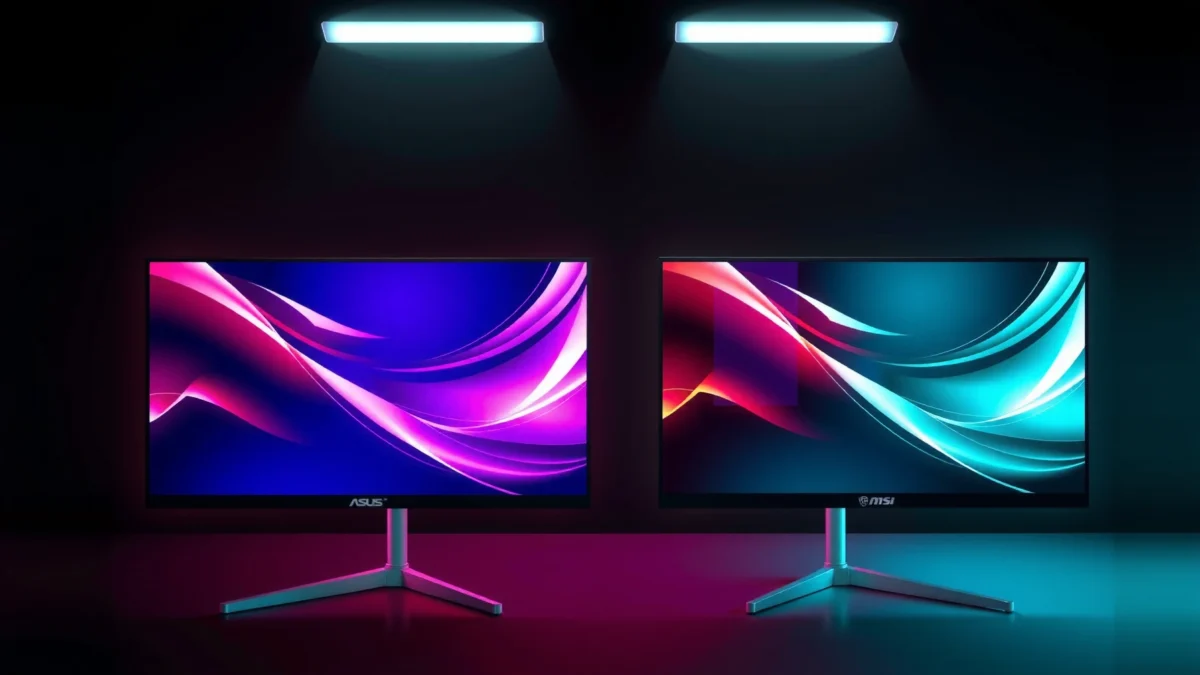 Comparison of ASUS PG32UCDM and MSI MPG 321URX QD-OLED monitors side by side