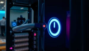 A close-up of a device with a blinking power light, illustrating troubleshooting steps for power issues.