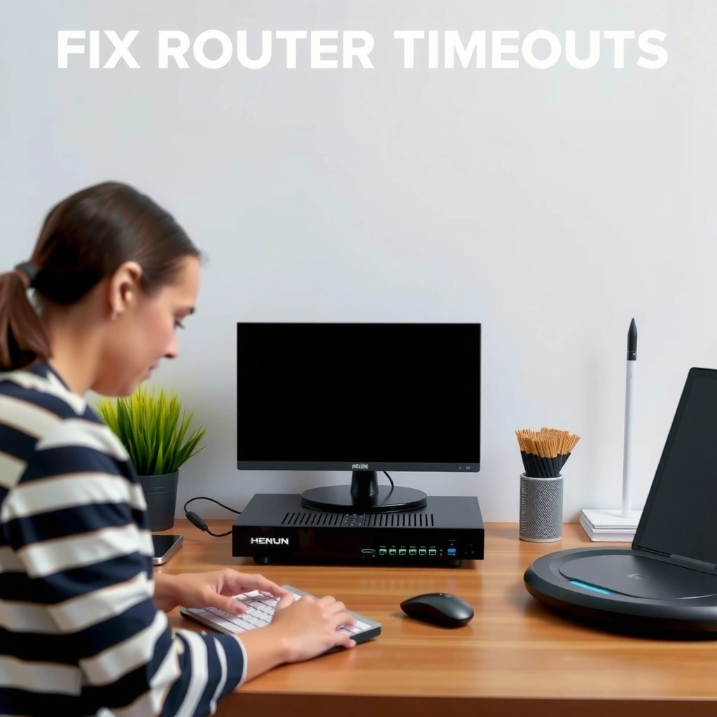 Image showing a person checking router cables and connections for troubleshooting timeouts