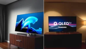 A side-by-side comparison of Crystal UHD and QLED TVs highlighting their features.