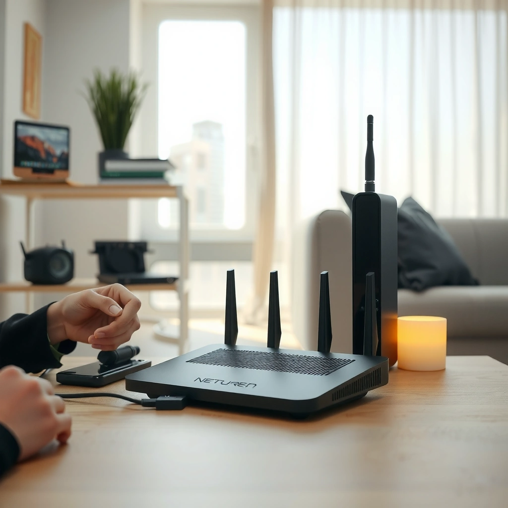 Tools and equipment needed to connect a router to a modem, including cables and devices.