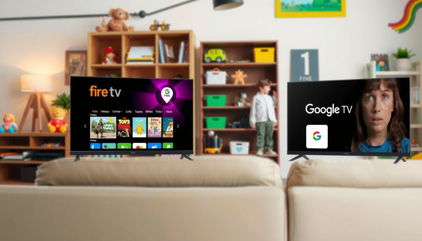 Comparison of Fire TV and Google TV for kids' entertainment options and features.