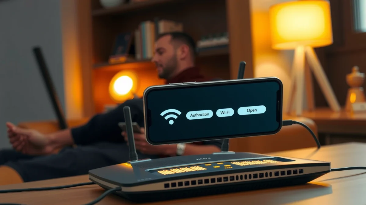 A person troubleshooting router authentication issues with a laptop and router device.
