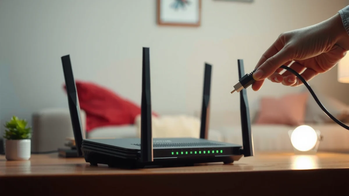 Person troubleshooting a router that keeps restarting with tools and notes.