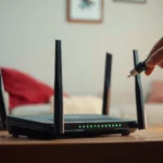 Person troubleshooting a router that keeps restarting with tools and notes.