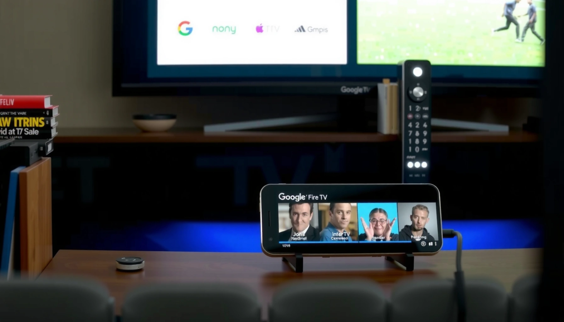 Side-by-side comparison of Google TV and Fire TV streaming devices and interfaces.