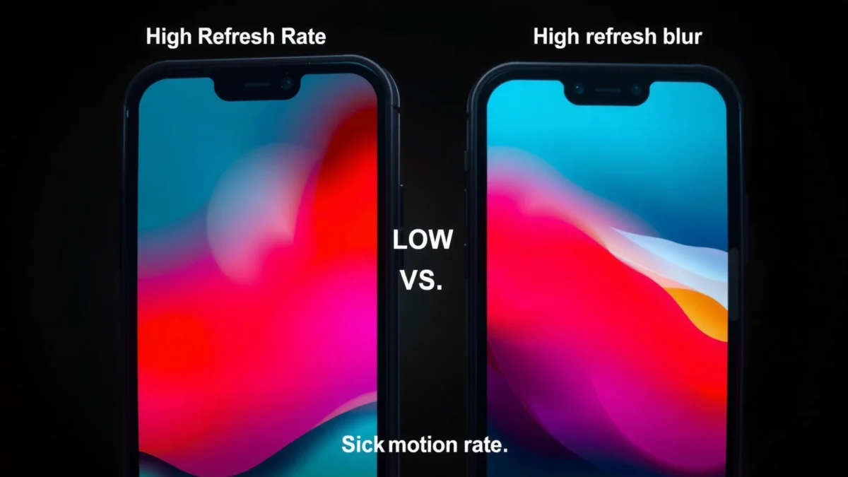 Illustration comparing high refresh rate and low refresh rate displays in gaming and video.