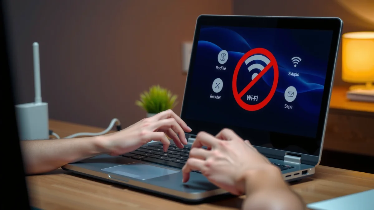A person troubleshooting laptop Wi-Fi connection issues with a router and laptop on a desk.