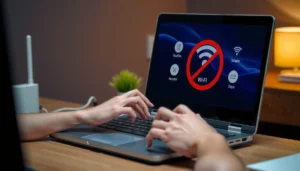 A person troubleshooting laptop Wi-Fi connection issues with a router and laptop on a desk.