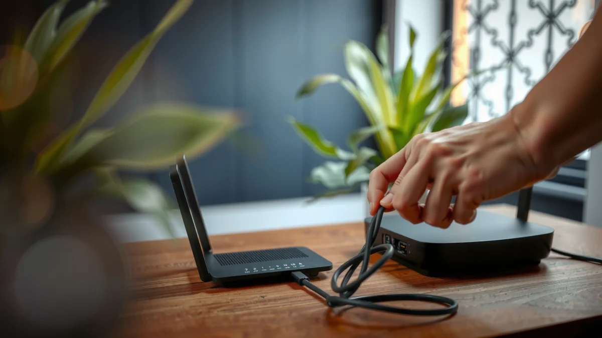 Step-by-step setup of a modem and router for internet connection.