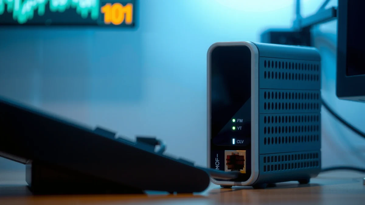 Illustration of a modem with speed indicators, discussing if a modem can increase internet speed.