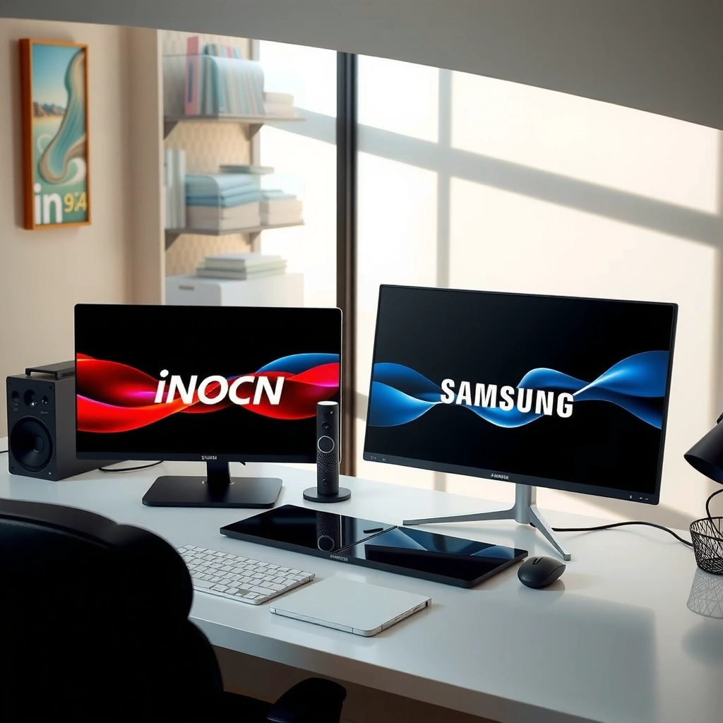 Side-by-side comparison of Innocn and Samsung monitors showcasing picture quality and display performance.