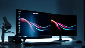 Philips vs ASUS monitors side by side for comparison in a tech setup