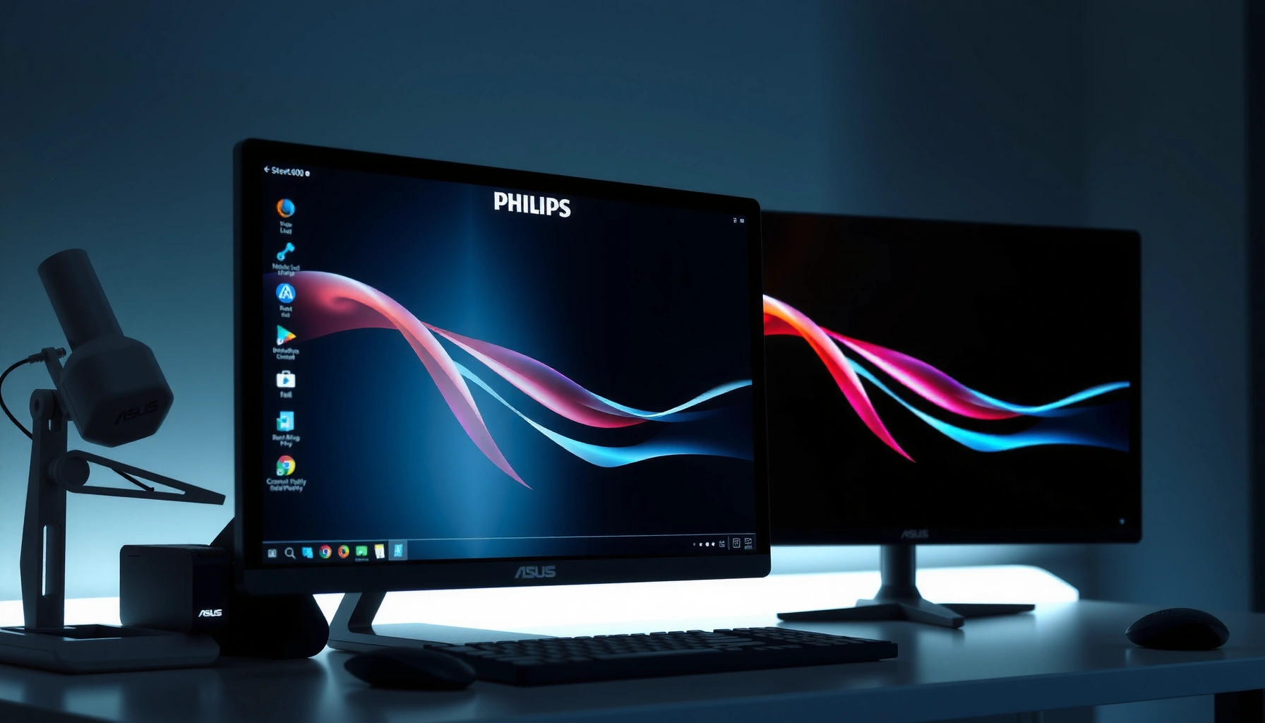 Philips vs ASUS monitors side by side for comparison in a tech setup