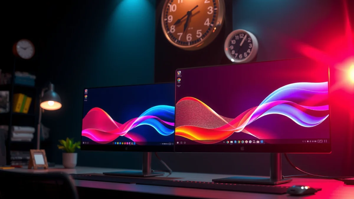 Comparison of QLED and OLED monitors showcasing display technology differences.