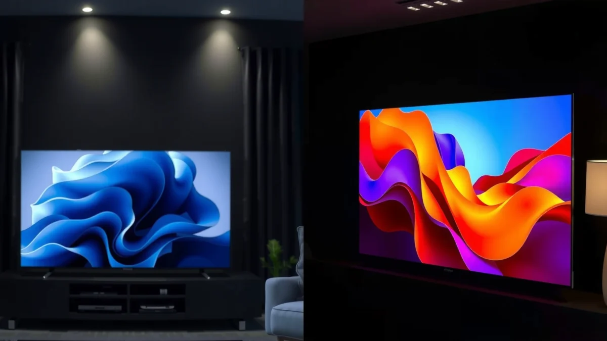 Illustration comparing QLED and projection TVs, highlighting key differences and features.