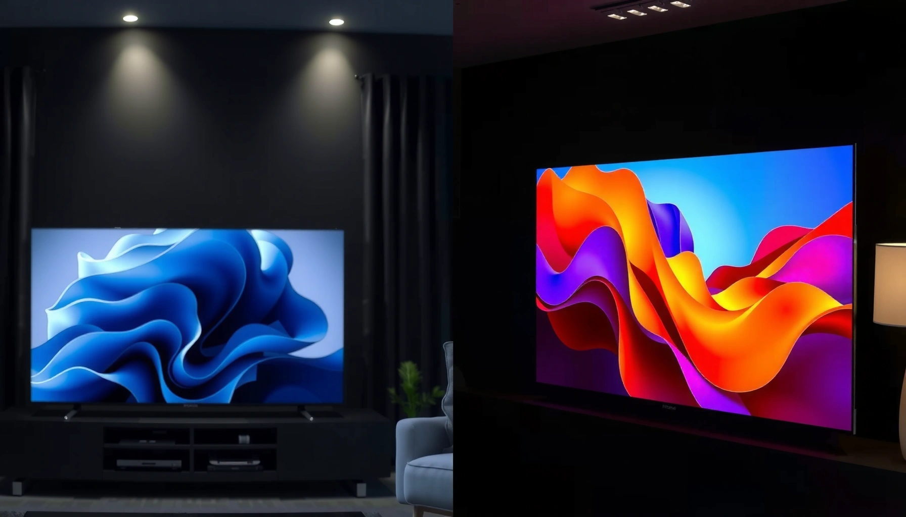 Illustration comparing QLED and projection TVs, highlighting key differences and features.