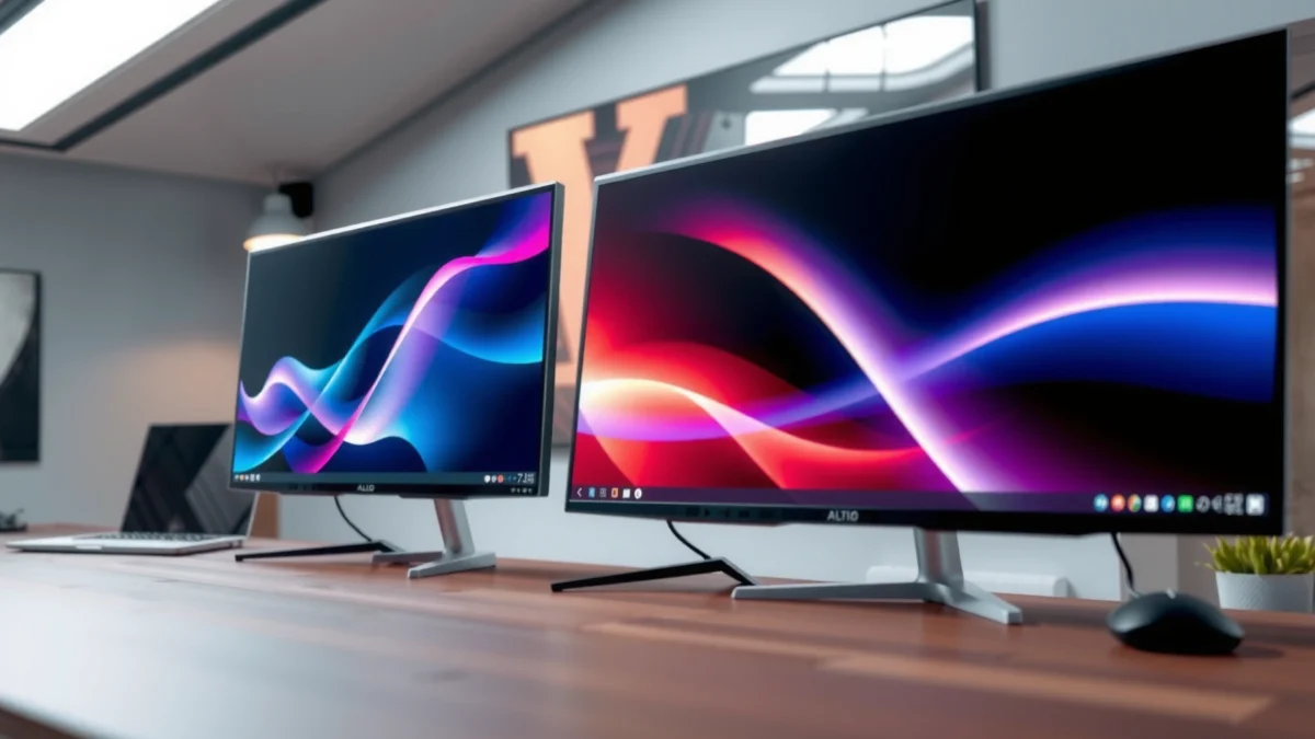 Comparison of Quantum Dot and OLED monitors showcasing display quality and features.