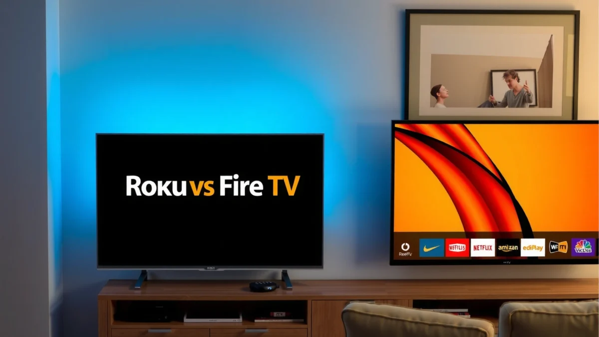 Comparison of Roku TV and Fire TV streaming platforms with logos and features.