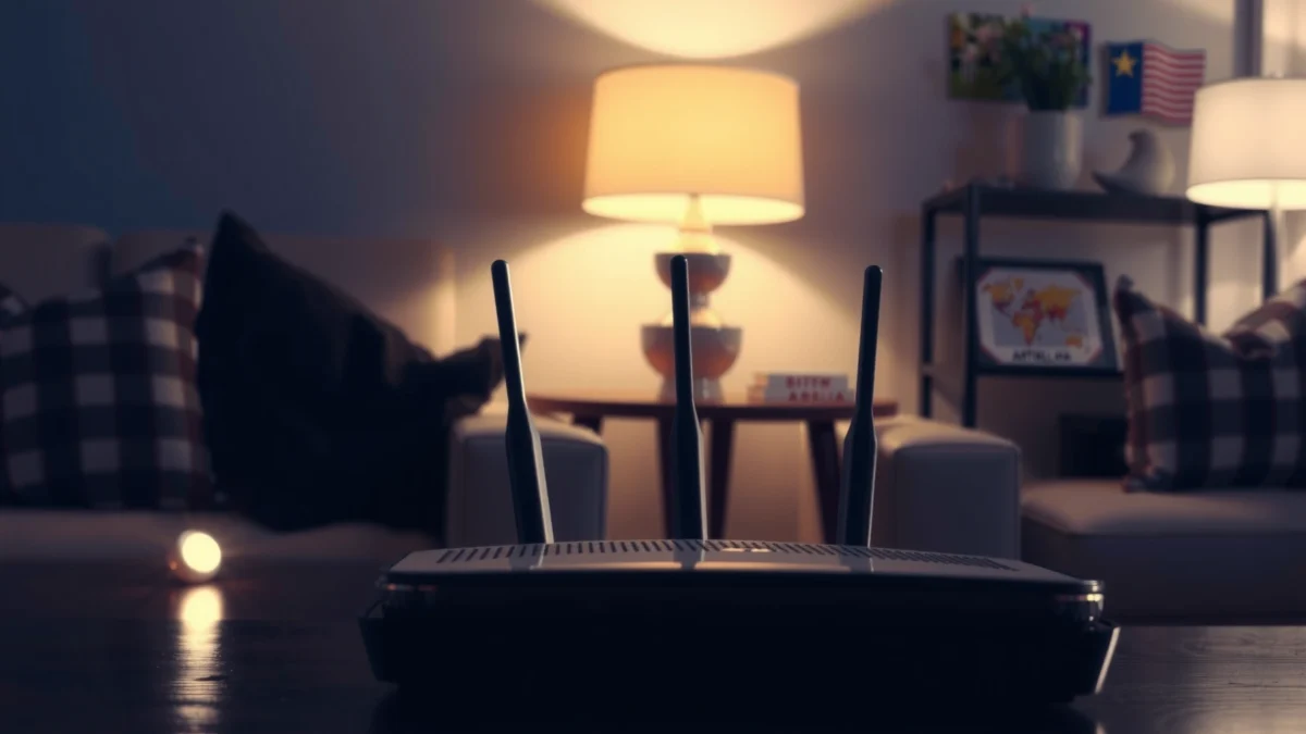 A close-up of a blinking router indicating connectivity issues and troubleshooting tips.