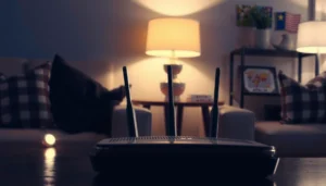 A close-up of a blinking router indicating connectivity issues and troubleshooting tips.
