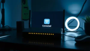 Illustration of a router showing connected status but lacking internet access, representing common connectivity issues.