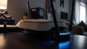 A router with a blue flashing light indicating potential issues and troubleshooting tips.