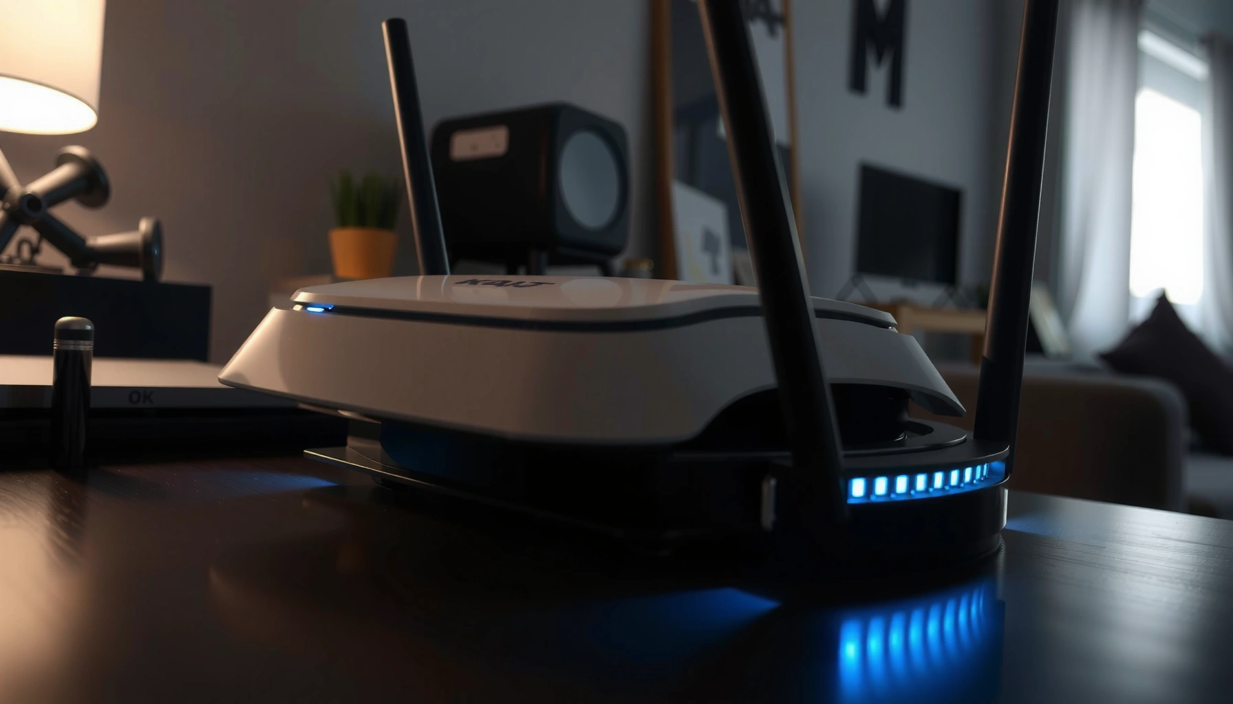 A router with a blue flashing light indicating potential issues and troubleshooting tips.