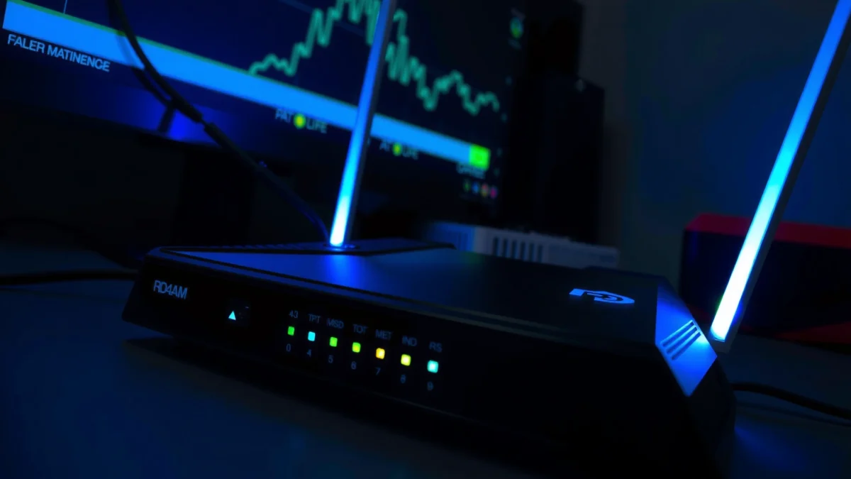 A close-up of a router with a blinking light, indicating potential connectivity issues and troubleshooting needs.