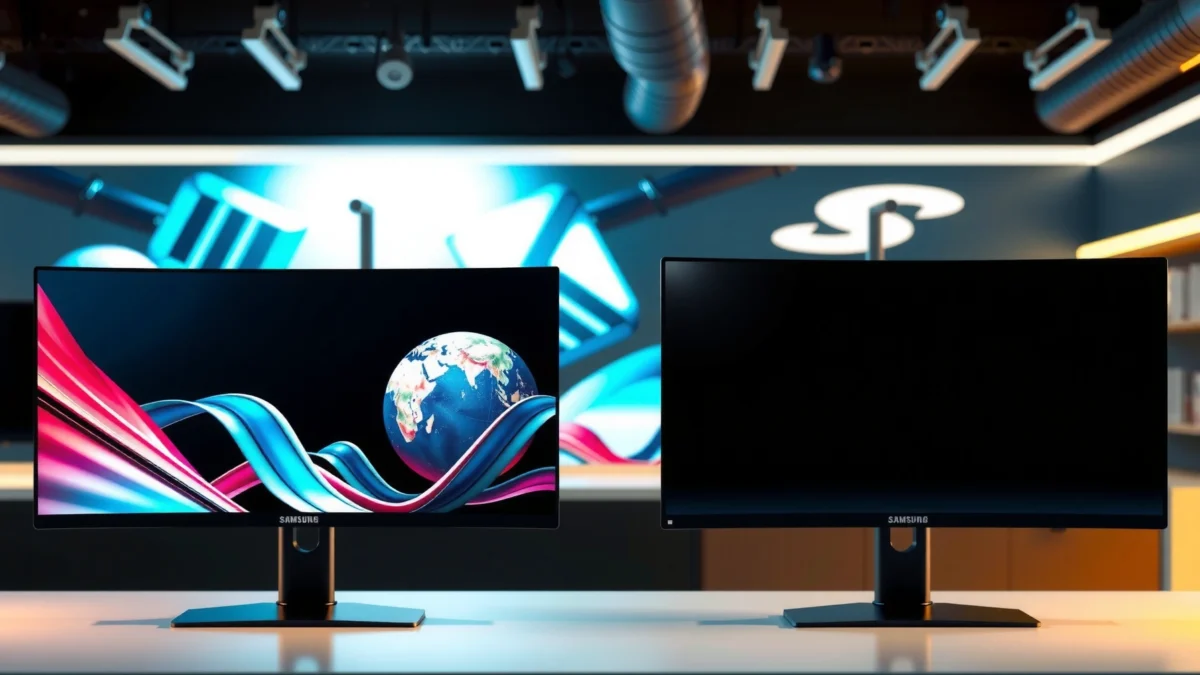 Comparison of Samsung Odyssey Neo G9 and OLED G9 gaming monitors side by side.