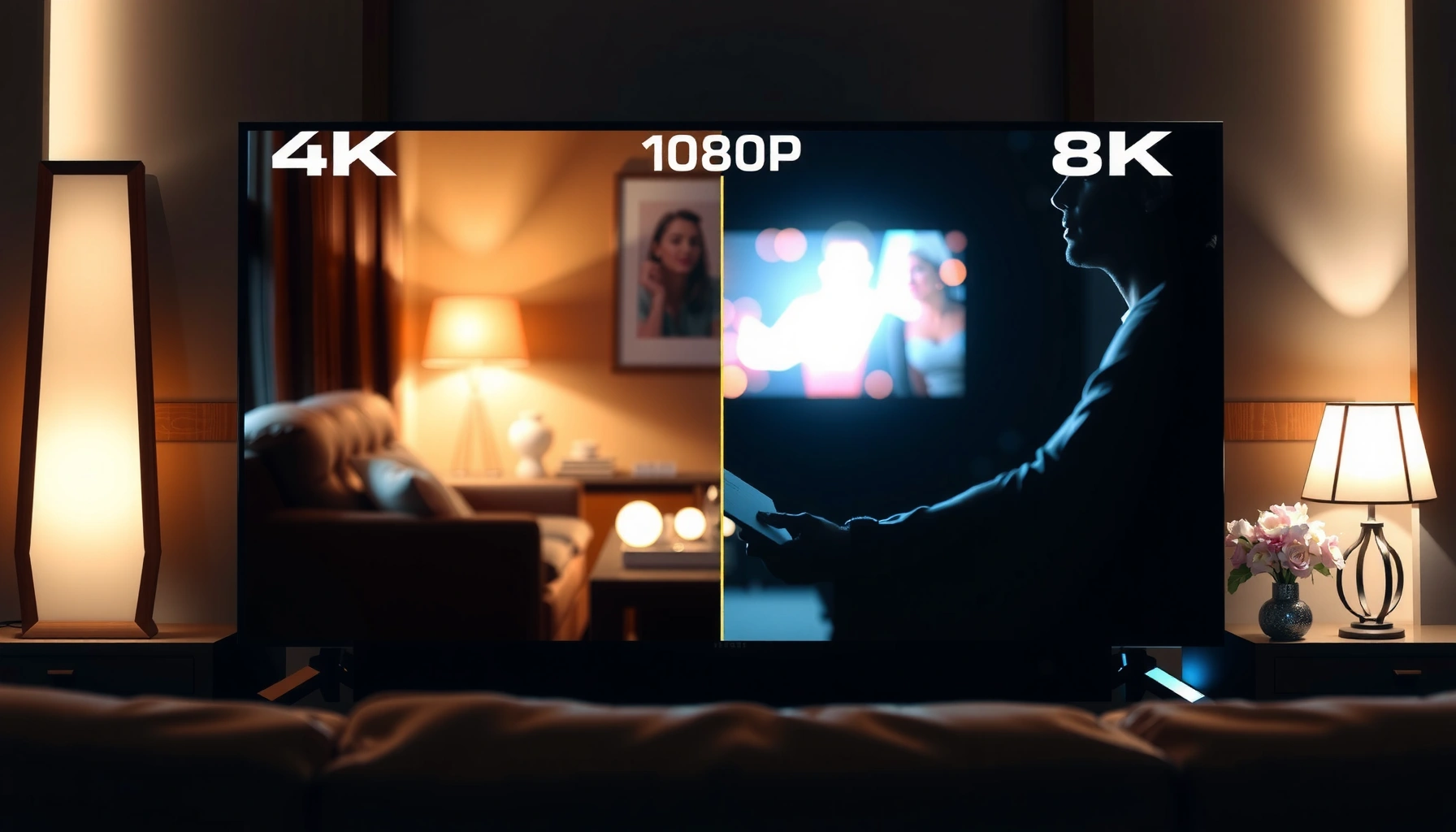 Comparison of Smart TV resolutions: 4K, 1080p, and 8K with visual examples.