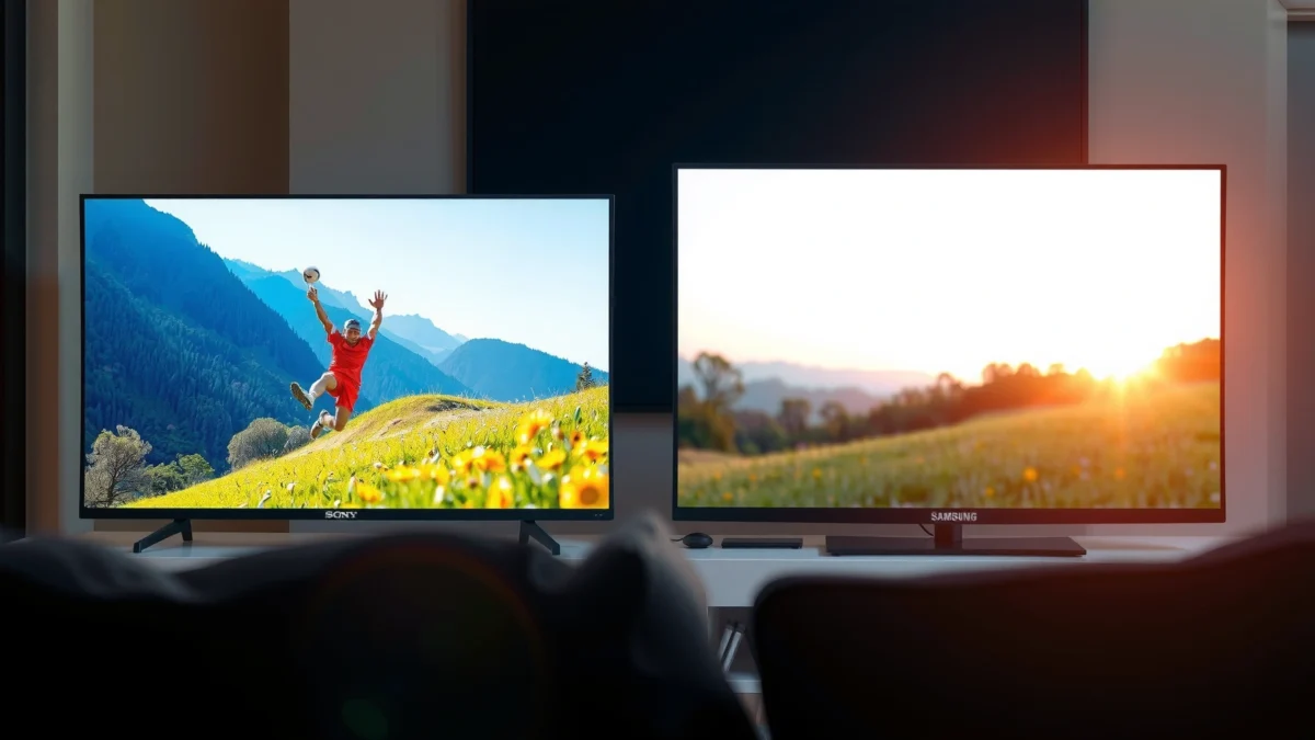 Comparison of picture quality between Sony and Samsung TVs in a side-by-side view.