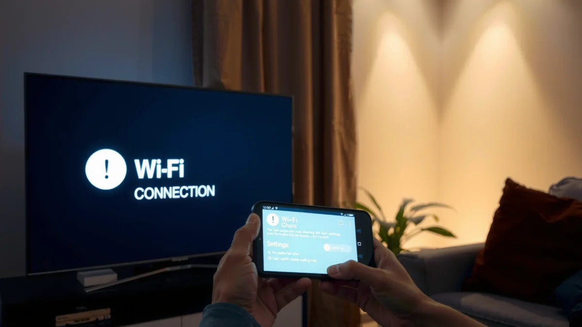 Troubleshooting tips for TV Wi-Fi connection issues with a TV and Wi-Fi signal icon.