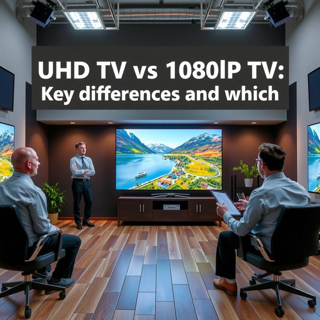 Illustration explaining the meanings of UHD and 1080p in television resolution.
