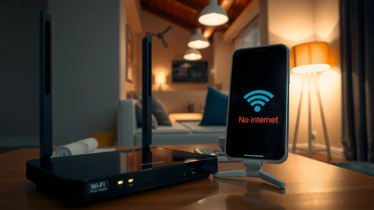 Illustration showing common causes of Wi-Fi saying no internet and possible fixes.